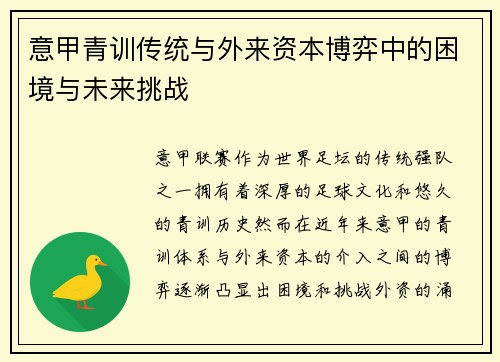 意甲青训传统与外来资本博弈中的困境与未来挑战