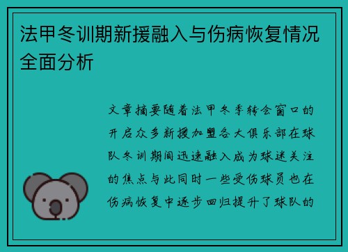 法甲冬训期新援融入与伤病恢复情况全面分析